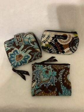 Vera Bradley Brown and Turquoise Floral Quilted Wallet & Pouches Set of 3